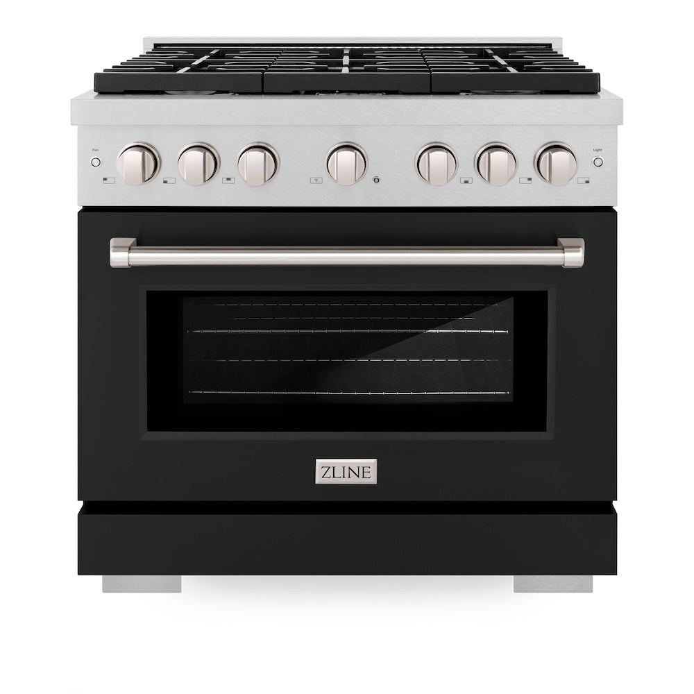 ZLINE Paramount 36-inch range in satin stainless steel with black matte door SGRS-BLM-36, front view