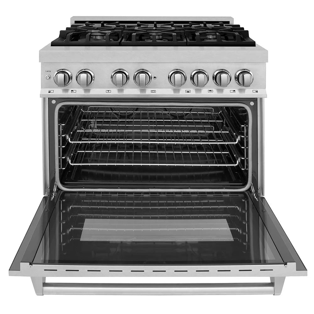 ZLINE Legacy 36-inch range in satin stainless steel RAS-SN-36, front view