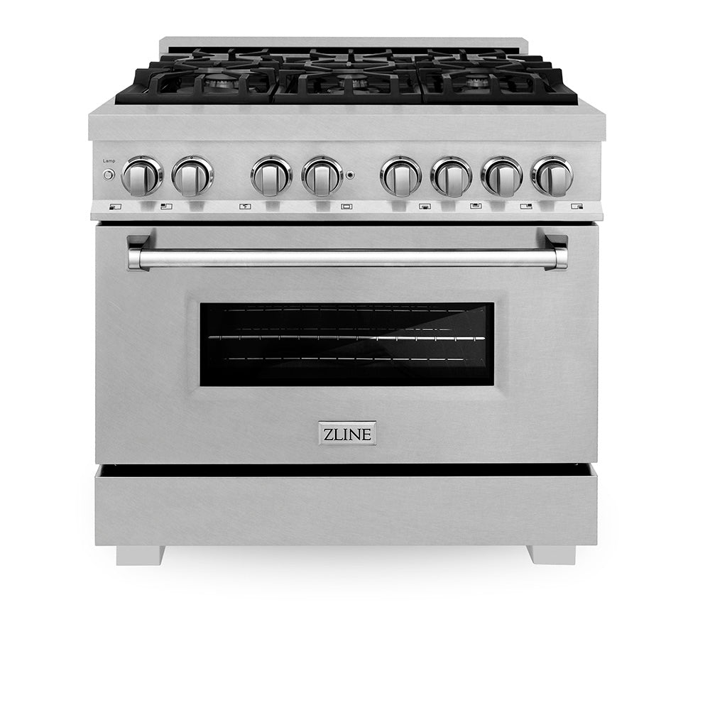 ZLINE Legacy 36-inch range in satin stainless steel RAS-SN-36, front view