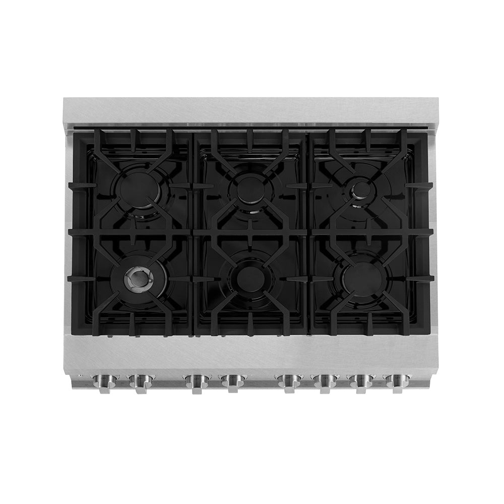 ZLINE Legacy 36-inch range in satin stainless steel RAS-SN-36, from above
