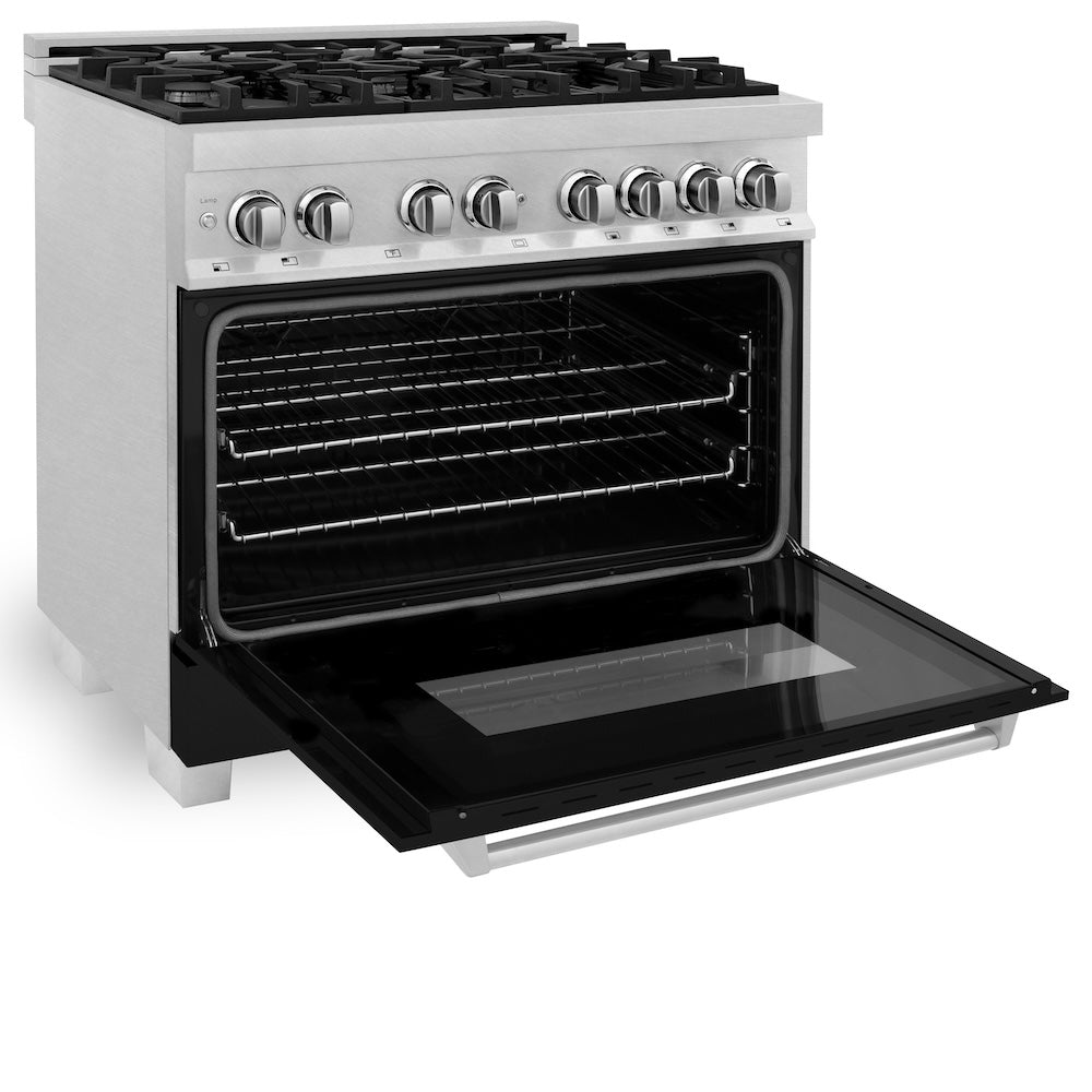 ZLINE Legacy 36-inch range in satin stainless steel with black matte door RAS-BLM-36, door open