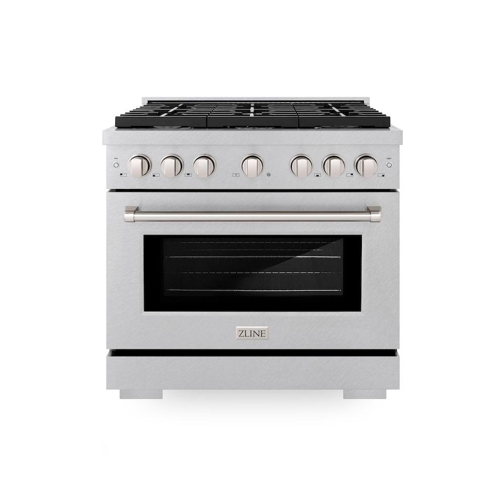 ZLINE Paramount 36-inch range in satin stainless steel SDRS-36, front view