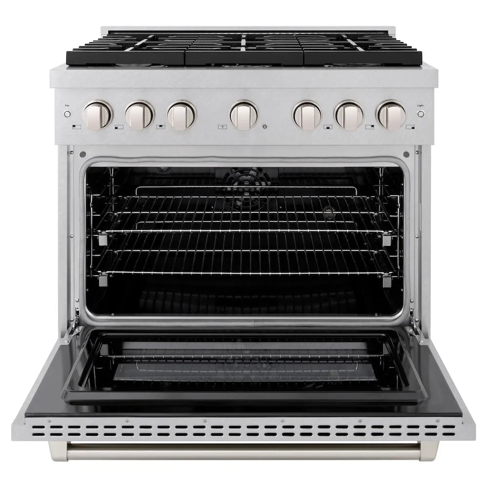ZLINE Paramount 36-inch range in satin stainless steel SDRS-36, front view