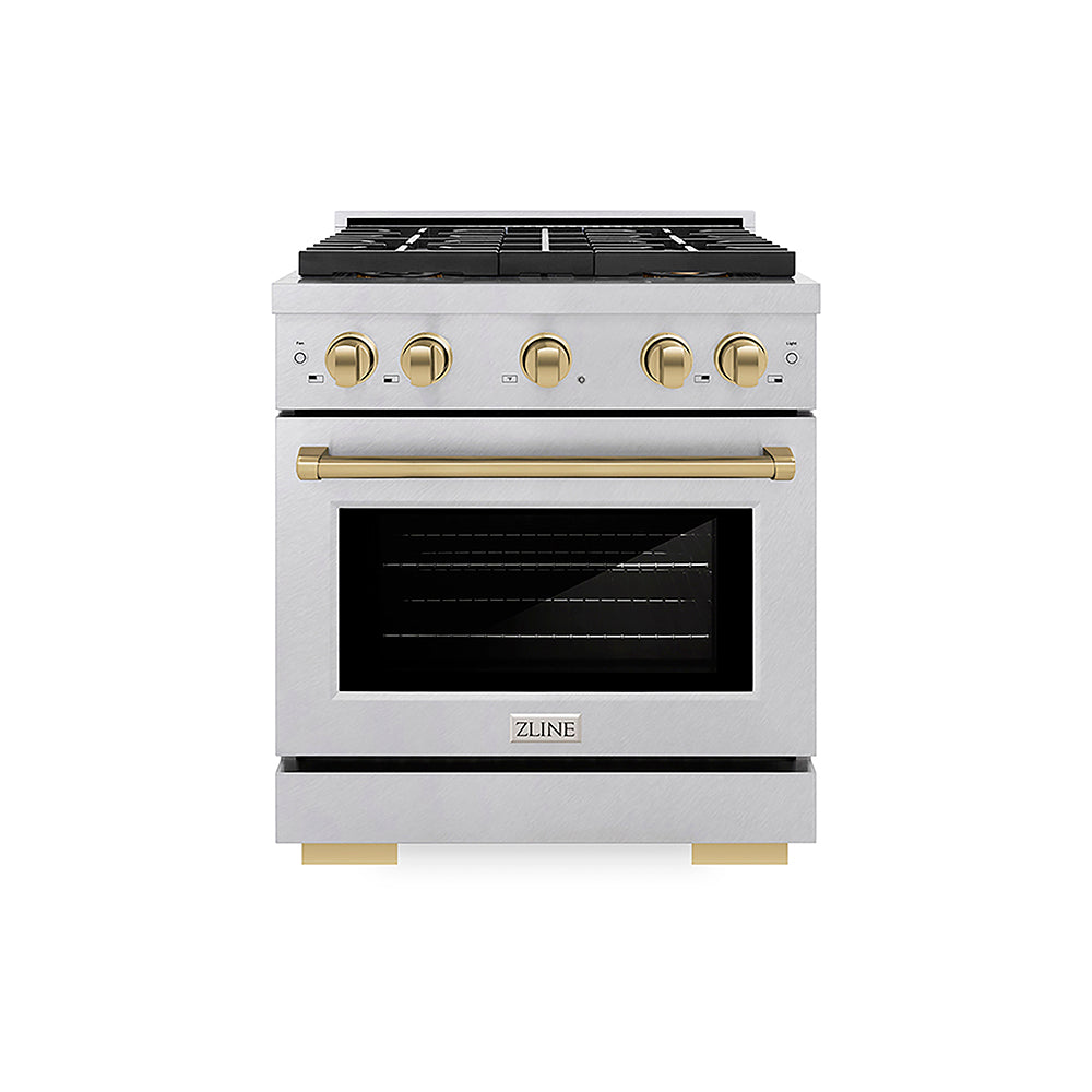 ZLINE Autograph Edition Paramount 30-inch range in satin stainless steel and champagne bronze accents PSDRSZ-30-CB, front view