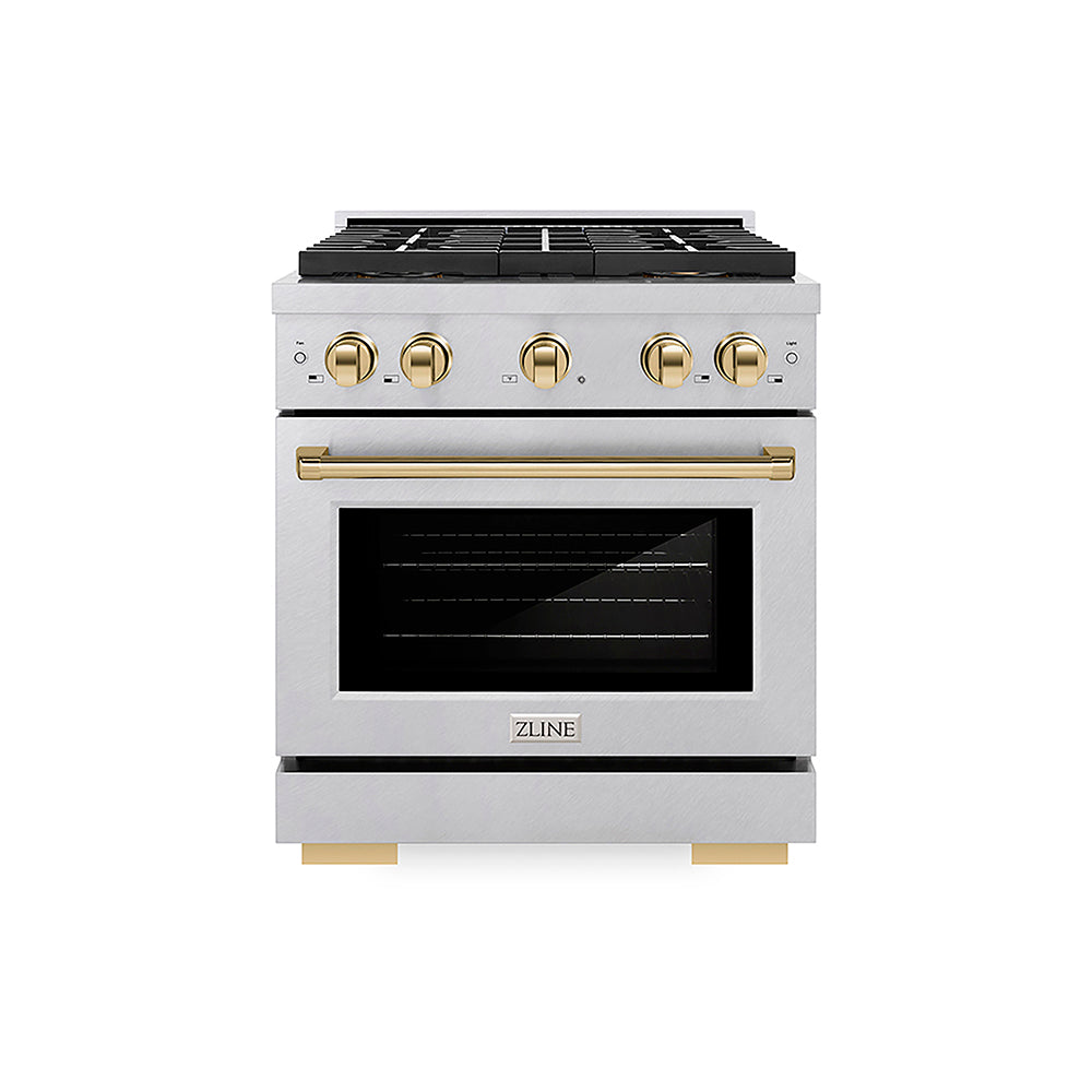 ZLINE Autograph Edition Paramount 30-inch range in satin stainless steel and polished gold accents PSDRSZ-30-G, front view
