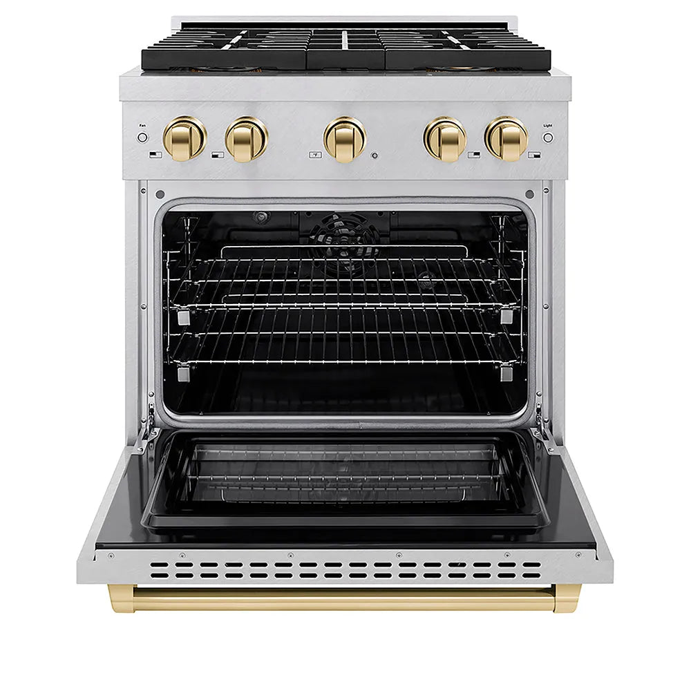 ZLINE Autograph Edition Paramount 30-inch range in satin stainless steel and polished gold accents PSDRSZ-30-G, front view