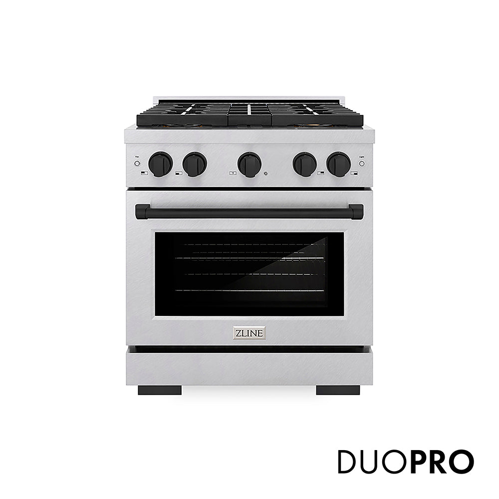 ZLINE Autograph Edition Paramount 30-inch range in satin stainless steel and matte black accents PSDRSZ-30-MB