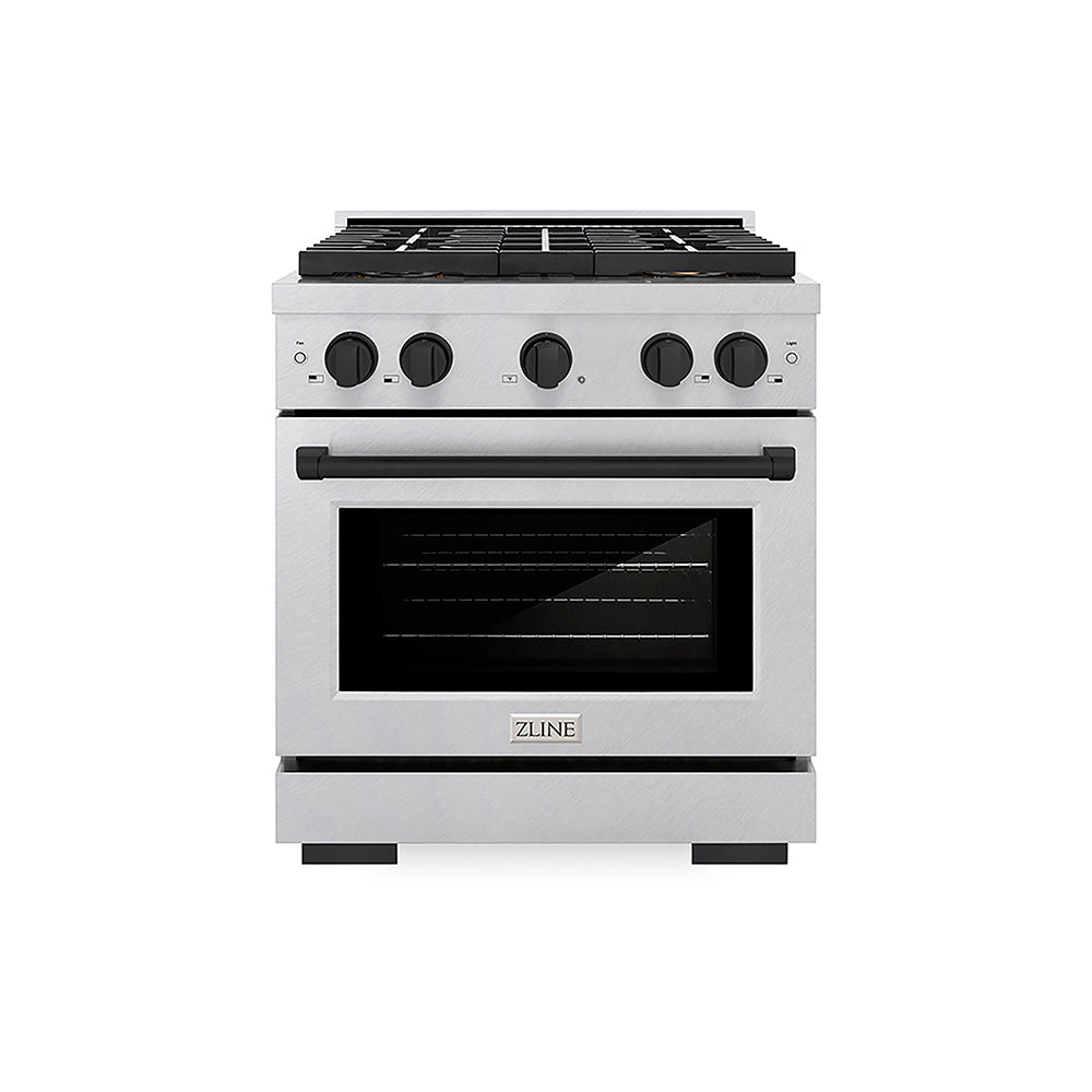 ZLINE Autograph Edition Paramount 30-inch range in satin stainless steel and matte black accents PSDRSZ-30-MB, front view