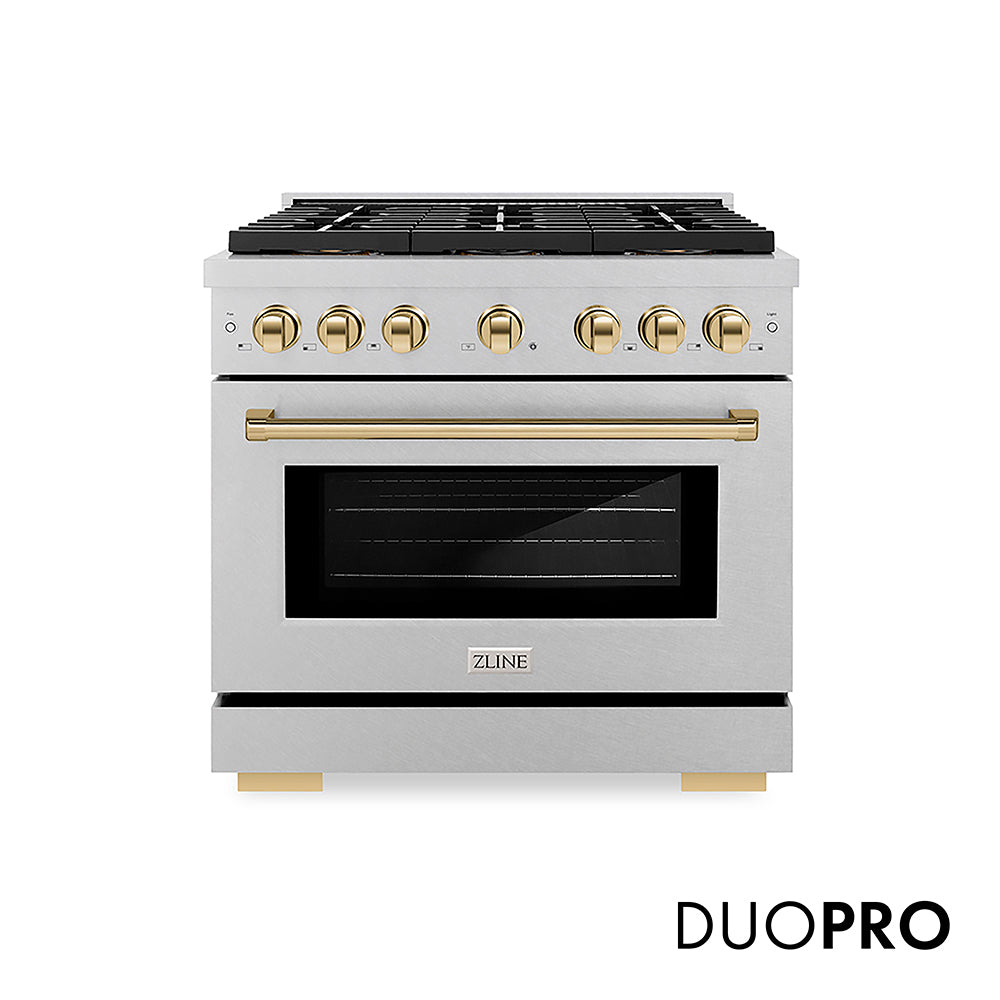 ZLINE Autograph Edition Paramount 36-inch range in satin stainless steel and polished gold accents PSDRSZ-36-G