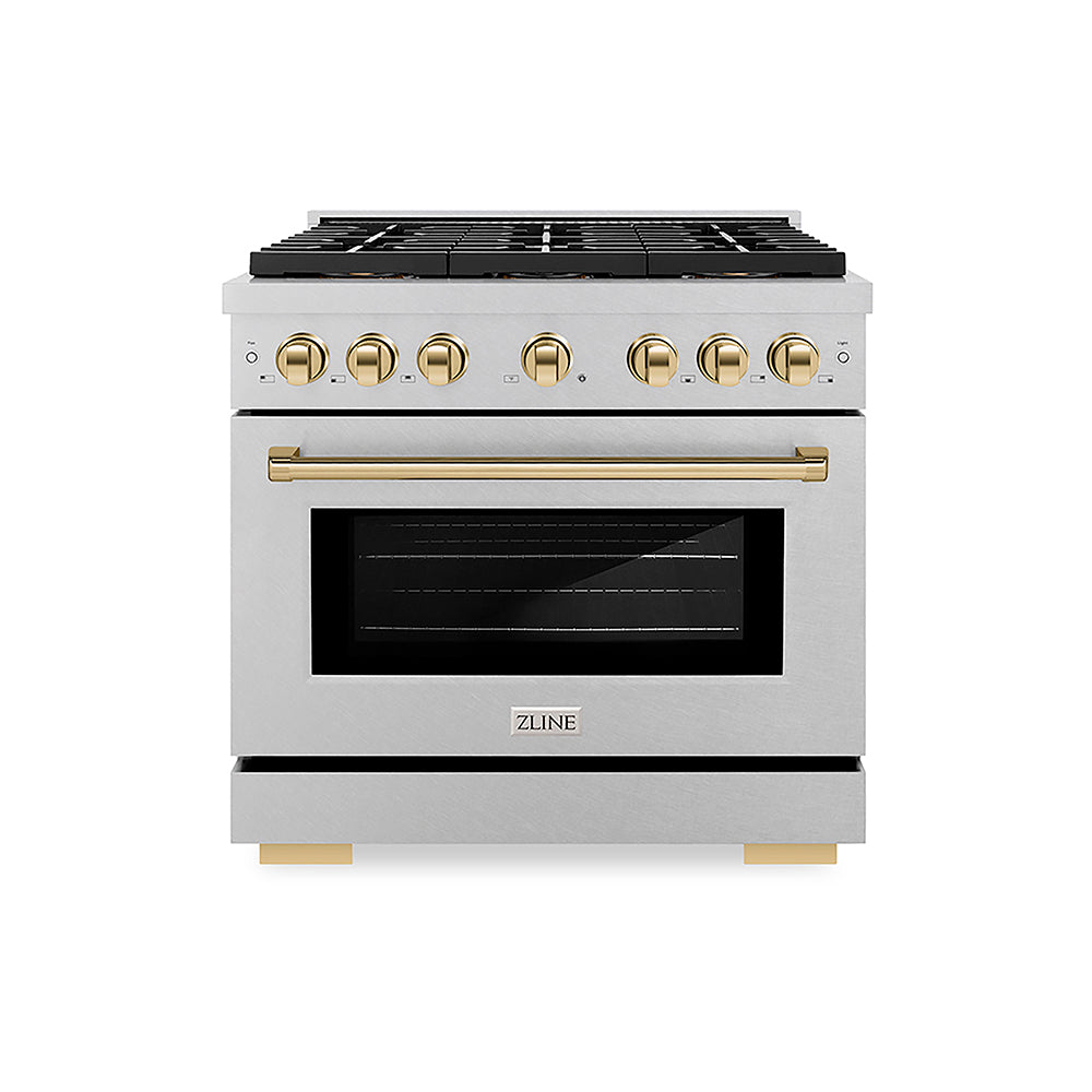 ZLINE Autograph Edition Paramount 36-inch range in satin stainless steel and polished gold accents PSDRSZ-36-G, front view