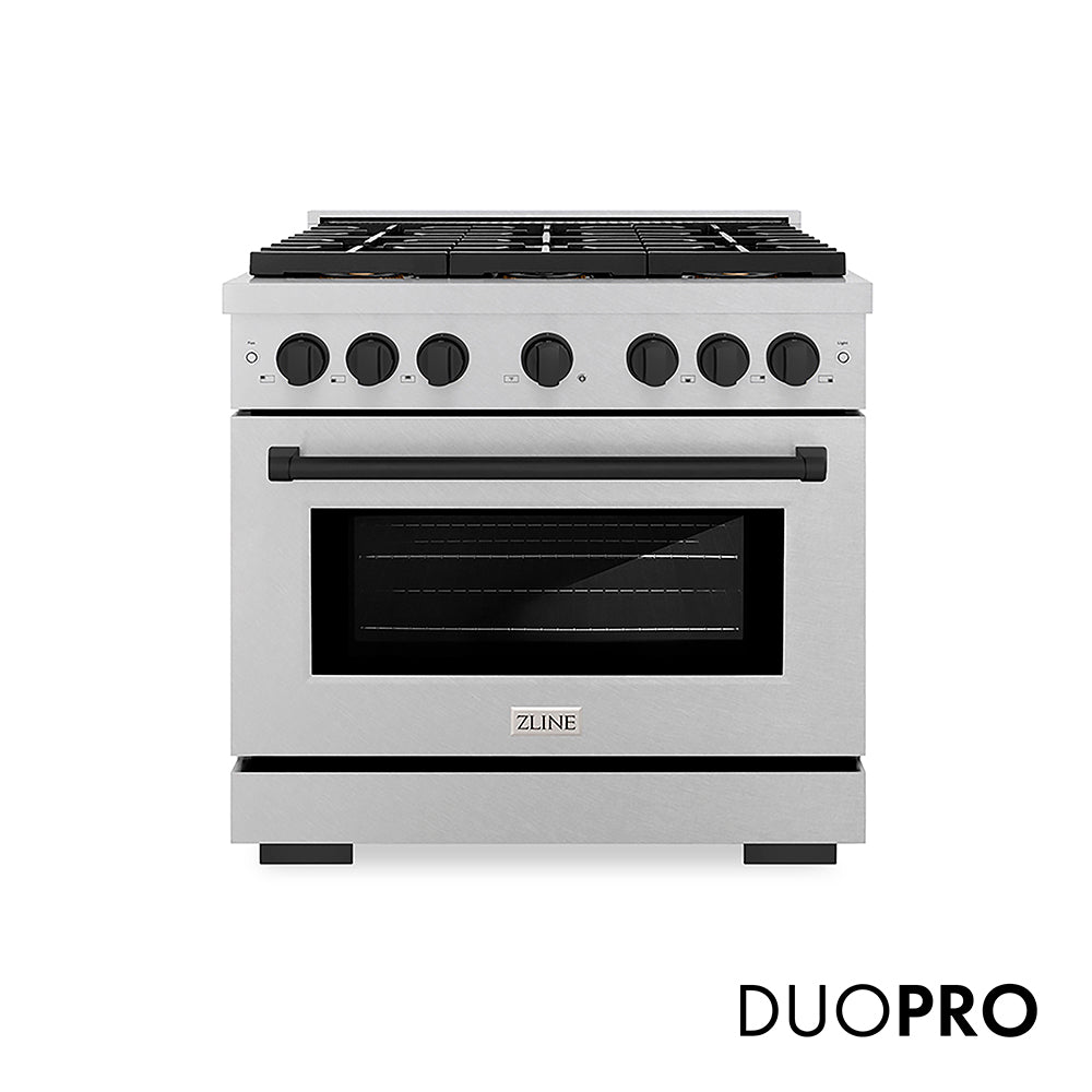 ZLINE Autograph Edition Paramount 36-inch range in satin stainless steel and matte black accents PSDRSZ-36-MB