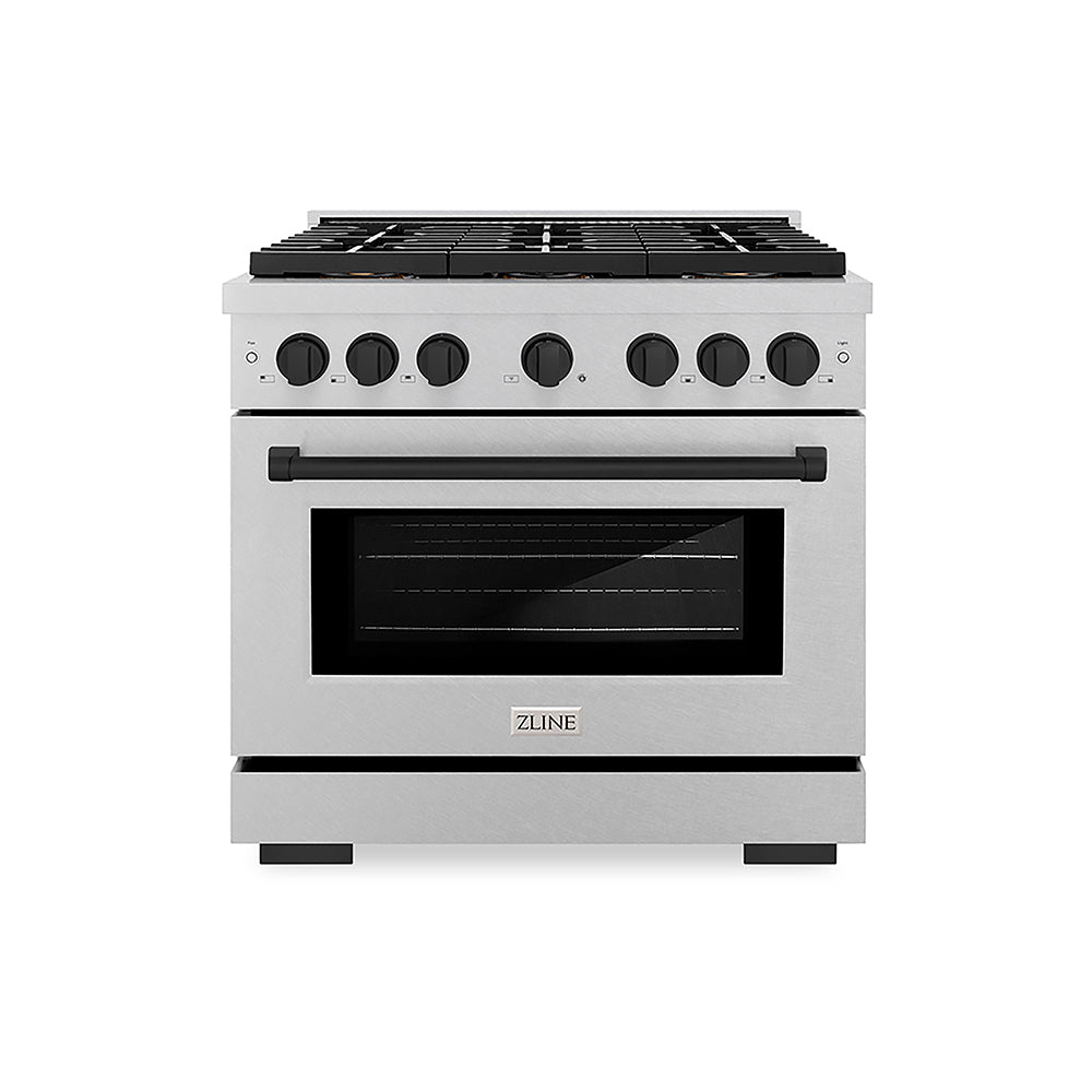 ZLINE Autograph Edition Paramount 36-inch range in satin stainless steel and matte black accents PSDRSZ-36-MB, front view