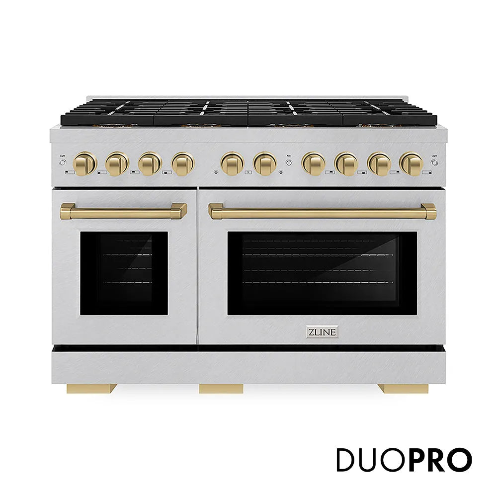 ZLINE Autograph Edition Paramount 48-inch range in satin stainless steel and champagne bronze accents PSDRSZ-48-CB