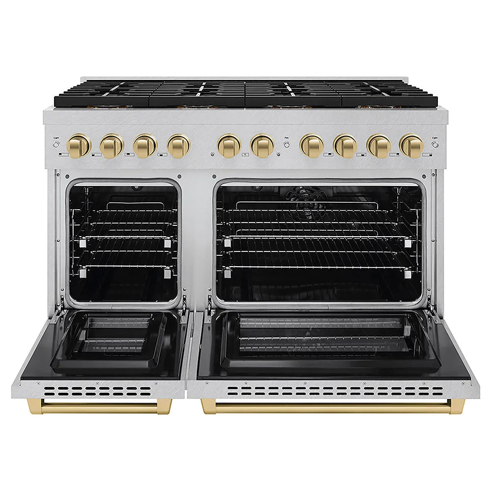 ZLINE Autograph Edition Paramount 48-inch range in satin stainless steel and champagne bronze accents PSDRSZ-48-CB, front view