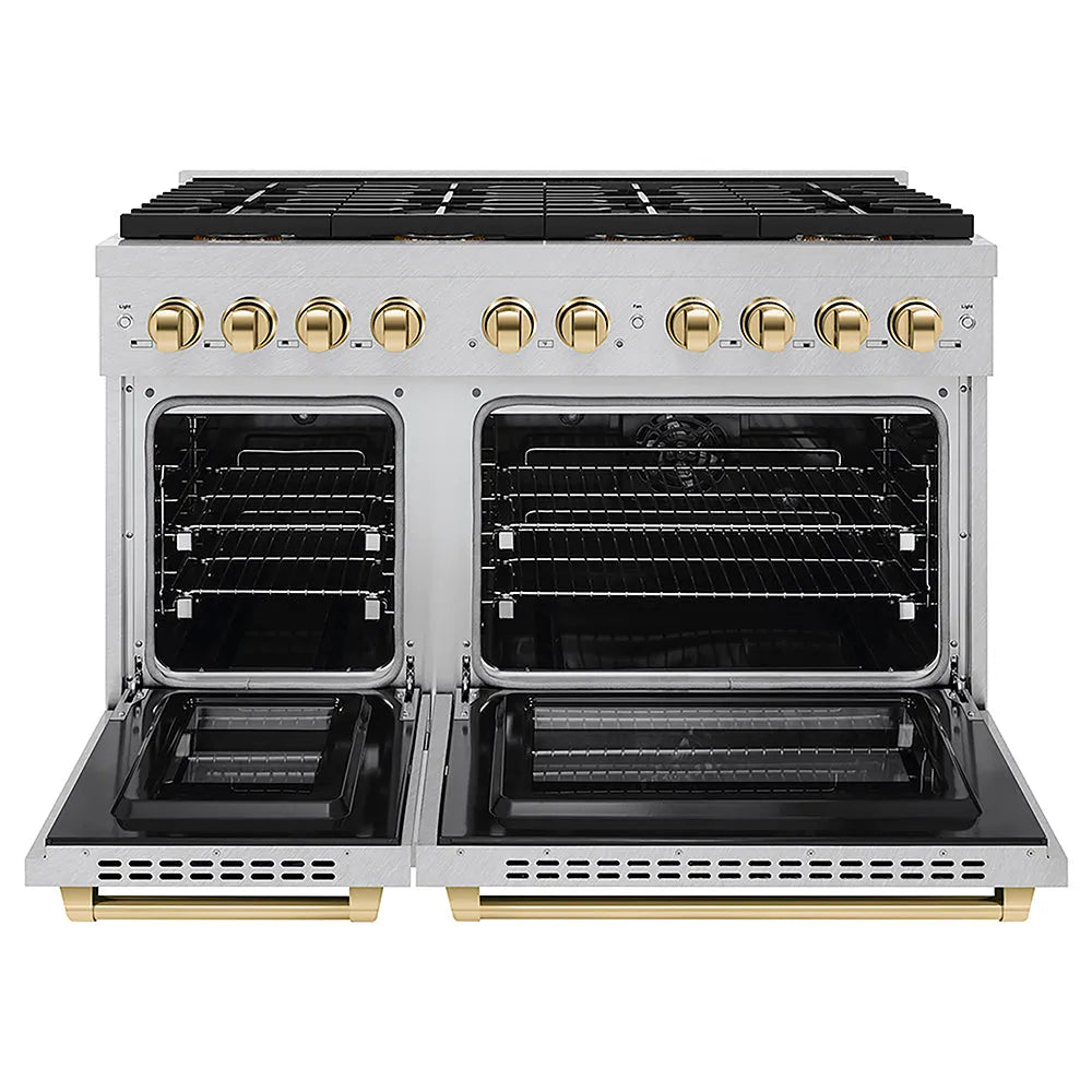 ZLINE Autograph Edition Paramount 48-inch range in satin stainless steel and polished gold accents PSDRSZ-48-G, front view