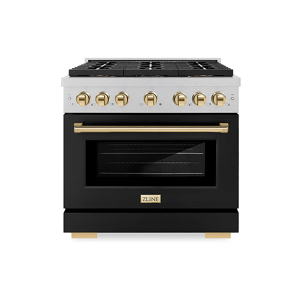 ZLINE Autograph Edition Paramount 36-inch range in satin stainless steel with black matte door and polished gold accents PSDRSZ-BLM36-G, front view
