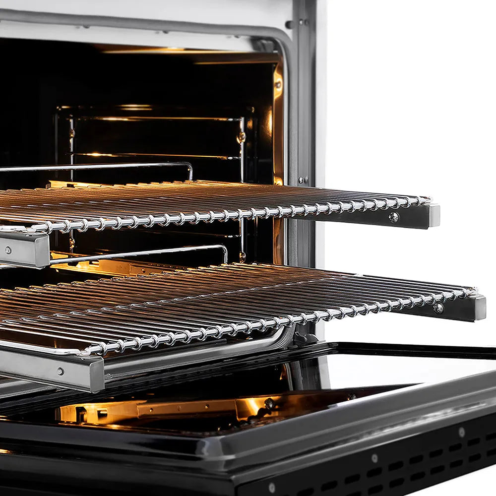 ZLINE Autograph Edition Paramount 36-inch range in satin stainless steel with black matte door and polished gold accents PSDRSZ-BLM36-G, from above