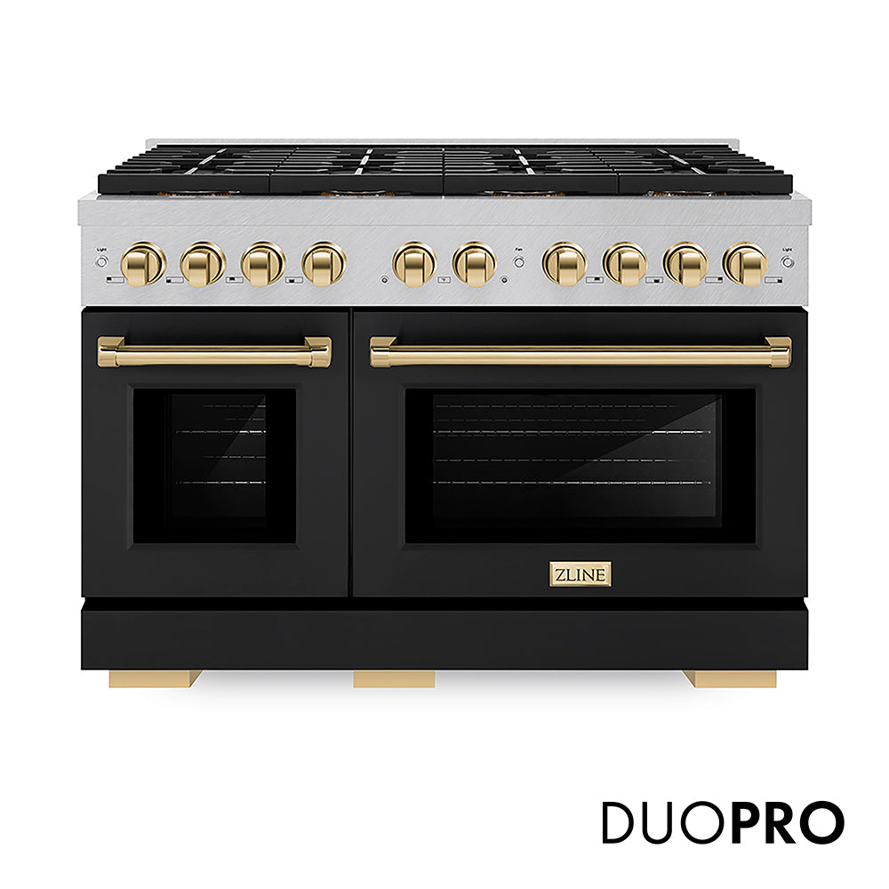 ZLINE Autograph Edition Paramount 48-inch range in satin stainless steel with black matte door and polished gold accents PSDRSZ-BLM48-G