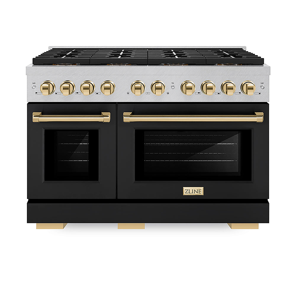 ZLINE Autograph Edition Paramount 48-inch range in satin stainless steel with black matte door and polished gold accents PSDRSZ-BLM48-G, front view