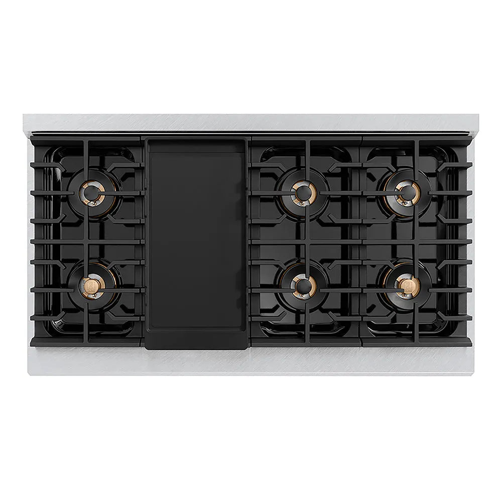ZLINE Autograph Edition Paramount 48-inch range in satin stainless steel with black matte door and polished gold accents PSDRSZ-BLM48-G, from above
