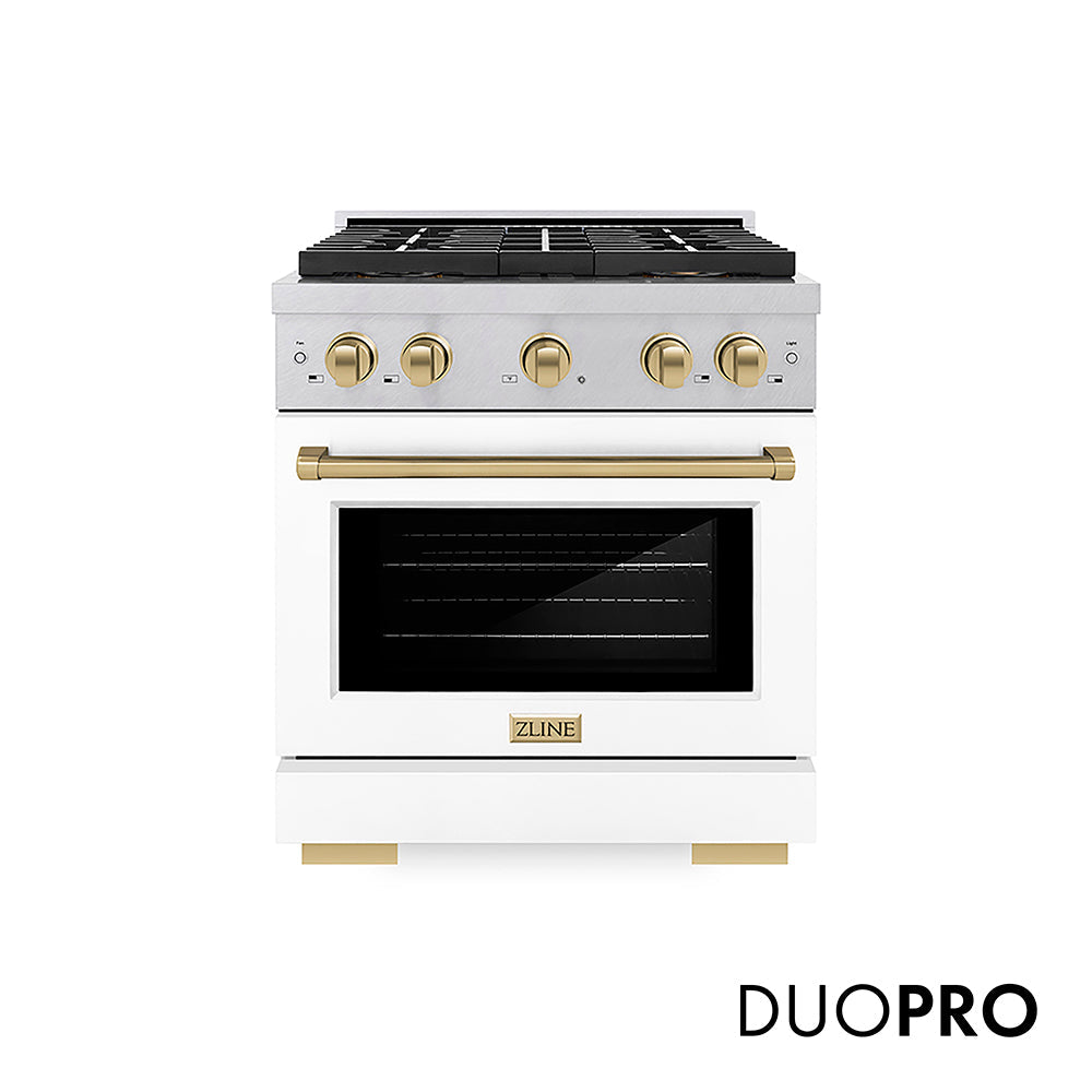 ZLINE Autograph Edition Paramount 30-inch range in satin stainless steel with white matte door and champagne bronze accents PSDRSZ-WM-30-CB