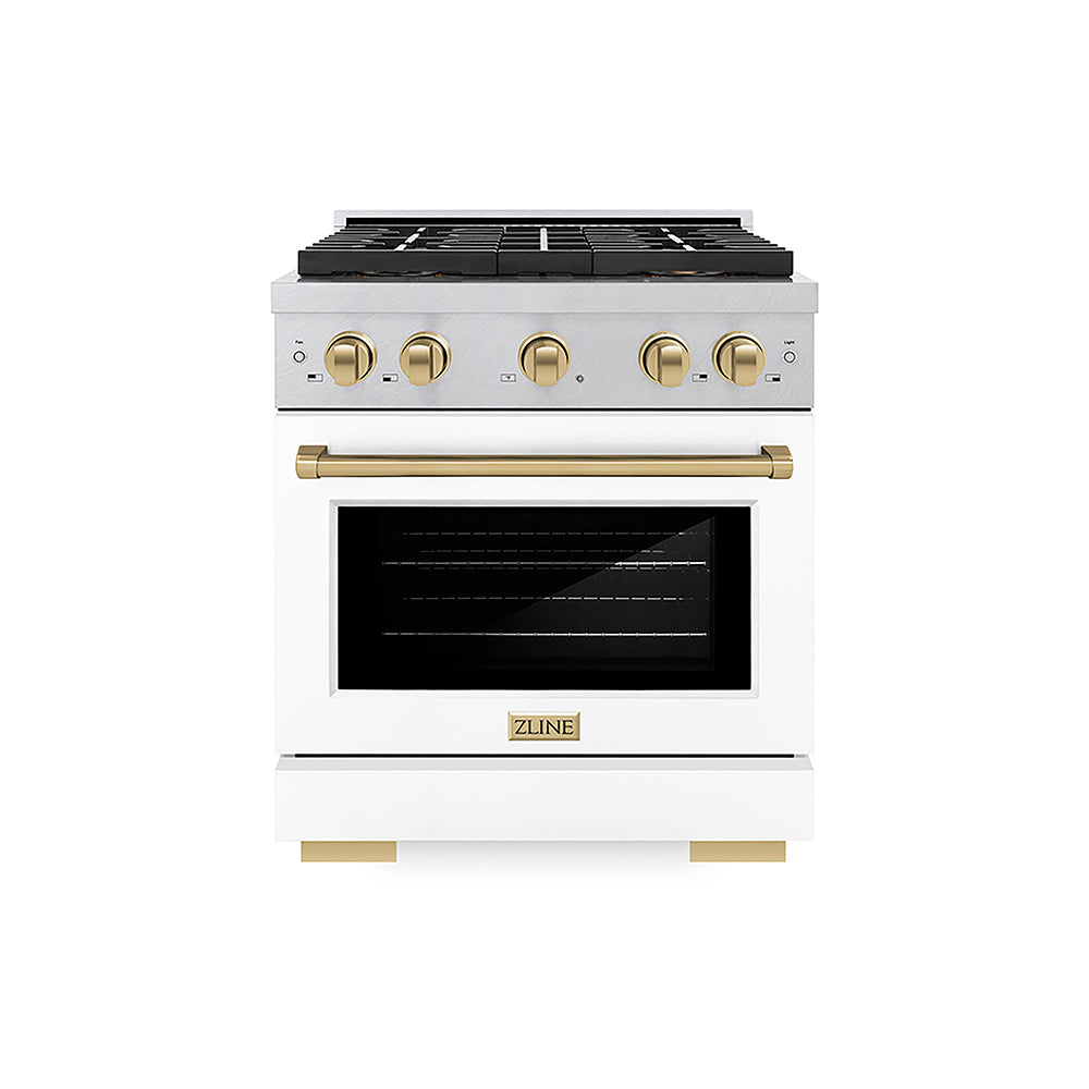 ZLINE Autograph Edition Paramount 30-inch range in satin stainless steel with white matte door and champagne bronze accents PSDRSZ-WM-30-CB, front view