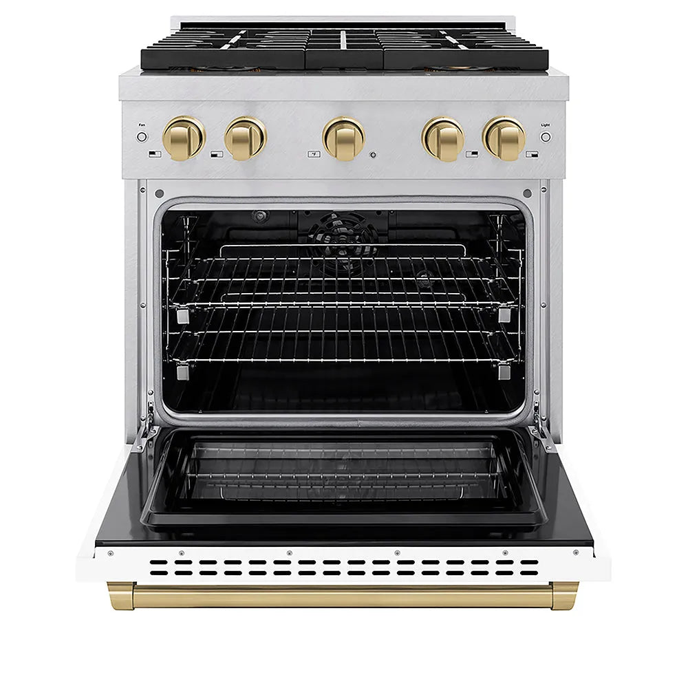 ZLINE Autograph Edition Paramount 30-inch range in satin stainless steel with white matte door and champagne bronze accents PSDRSZ-WM-30-CB, front view