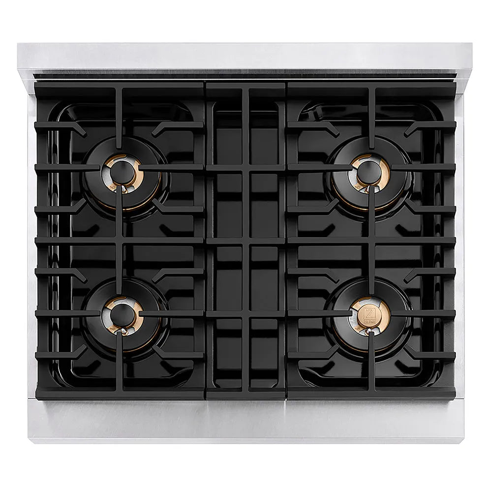 ZLINE Autograph Edition Paramount 30-inch range in satin stainless steel with white matte door and champagne bronze accents PSDRSZ-WM-30-CB, front view