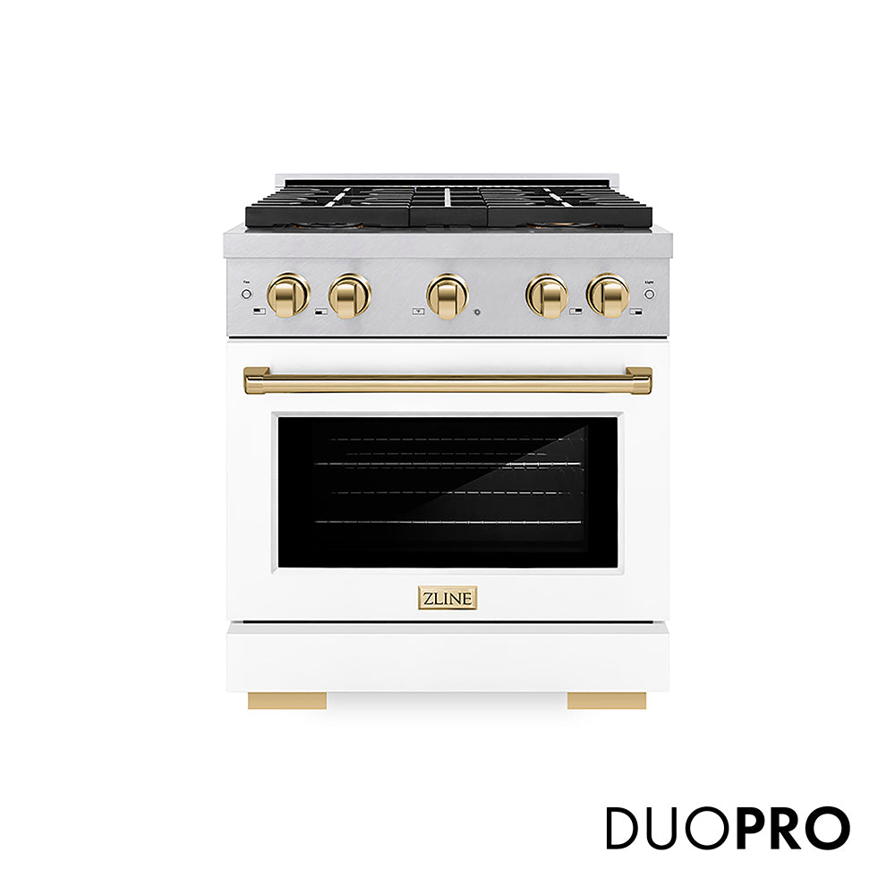 ZLINE Autograph Edition Paramount 30-inch range in satin stainless steel with white matte door and polished gold accents PSDRSZ-WM-30-G