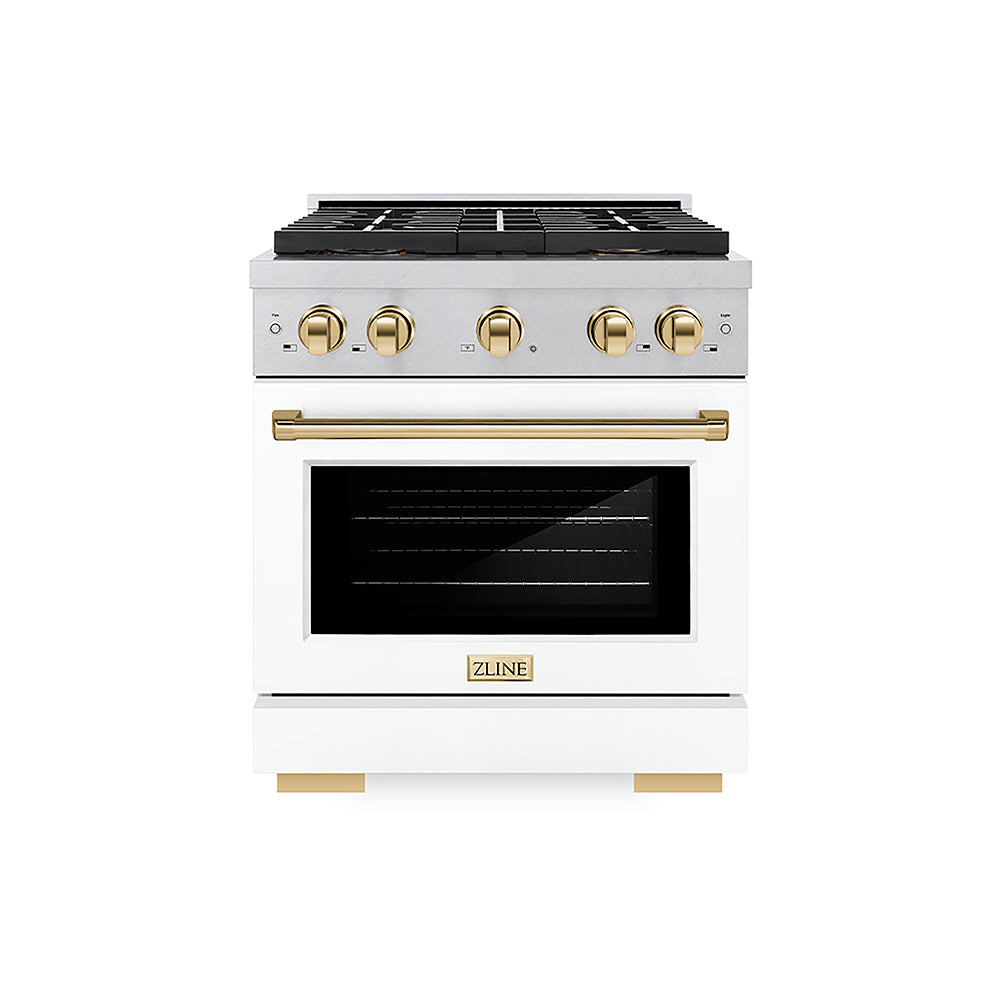 ZLINE Autograph Edition Paramount 30-inch range in satin stainless steel with white matte door and polished gold accents PSDRSZ-WM-30-G, front view