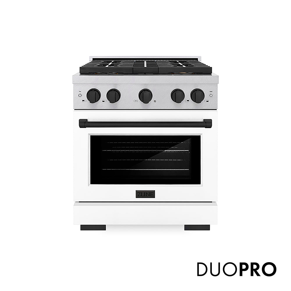 ZLINE Autograph Edition Paramount 30-inch range in satin stainless steel with white matte door and matte black accents PSDRSZ-WM-30-MB