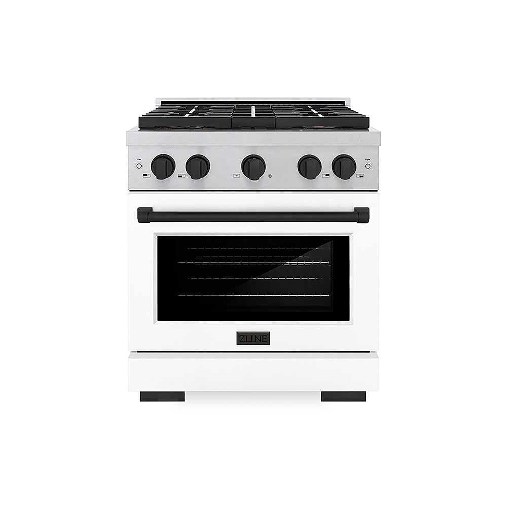 ZLINE Autograph Edition Paramount 30-inch range in satin stainless steel with white matte door and matte black accents PSDRSZ-WM-30-MB, front view