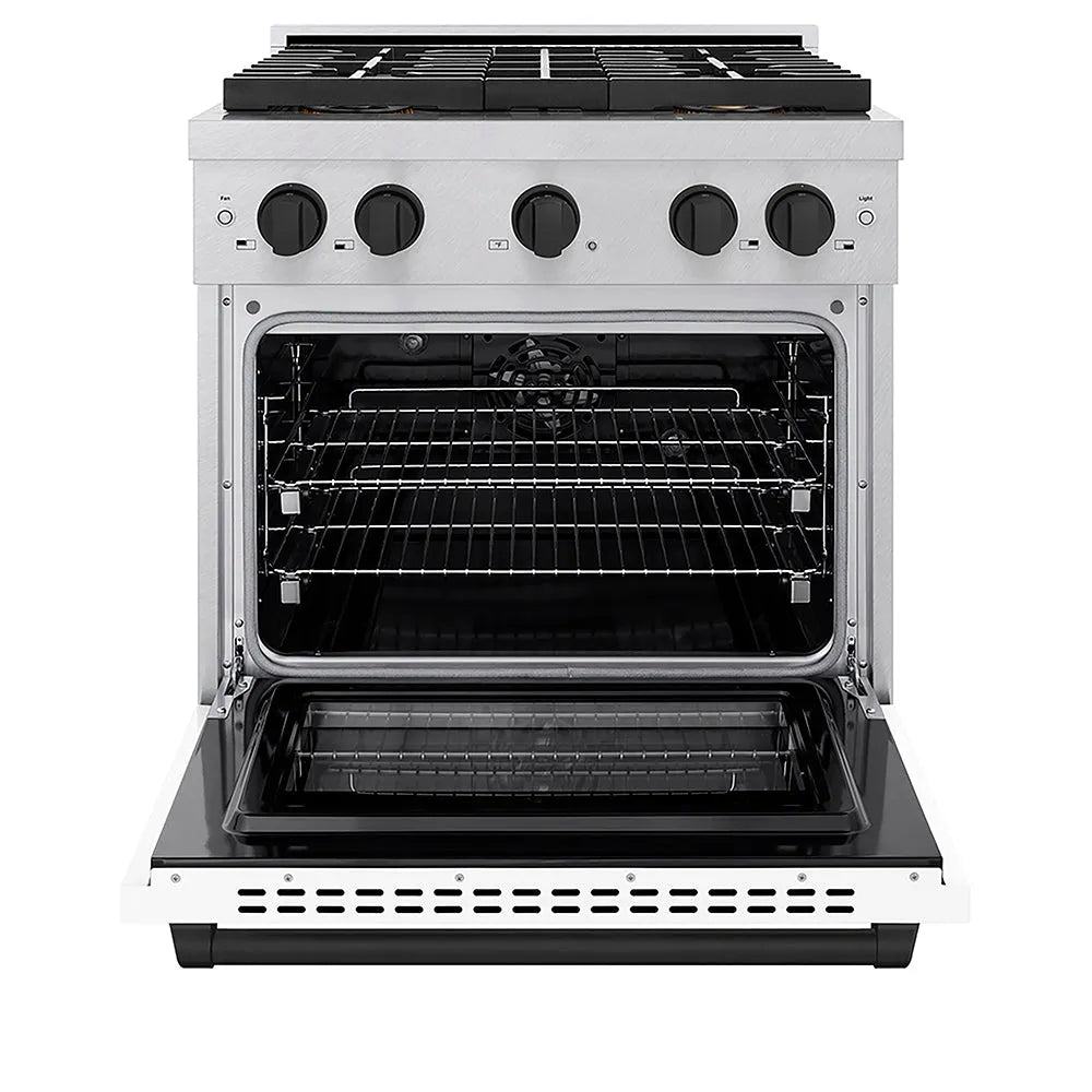 ZLINE Autograph Edition Paramount 30-inch range in satin stainless steel with white matte door and matte black accents PSDRSZ-WM-30-MB, front view