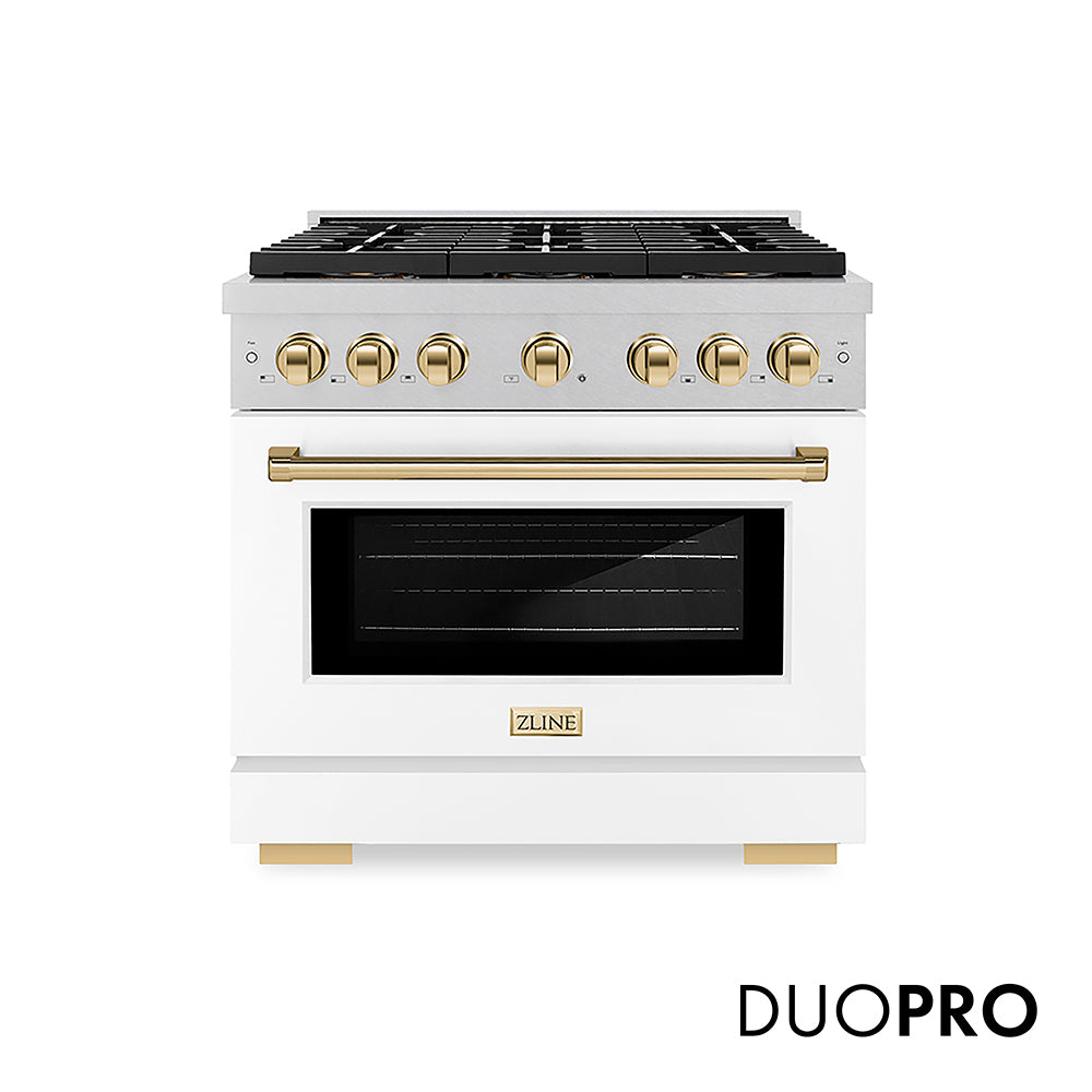 ZLINE Autograph Edition Paramount 36-inch range in satin stainless steel with white matte door and polished gold accents PSDRSZ-WM-36-G