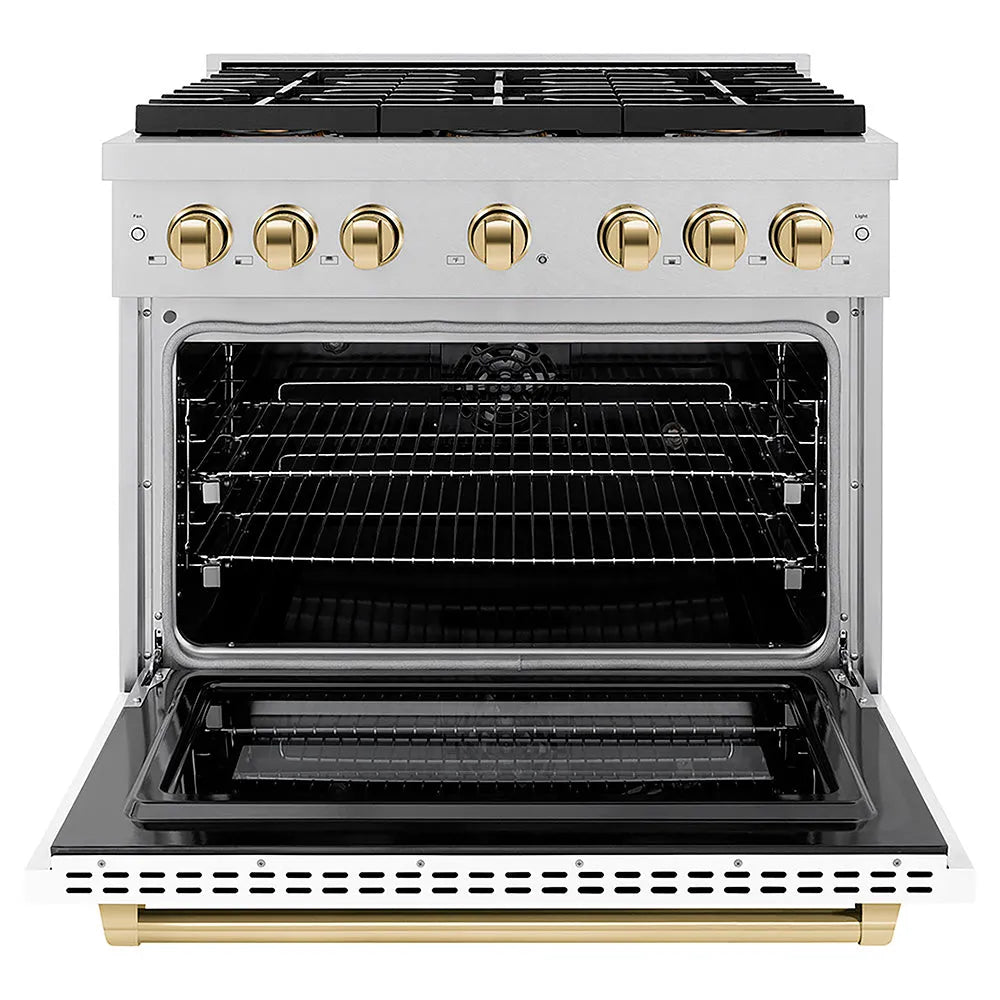 ZLINE Autograph Edition Paramount 36-inch range in satin stainless steel with white matte door and polished gold accents PSDRSZ-WM-36-G, front view