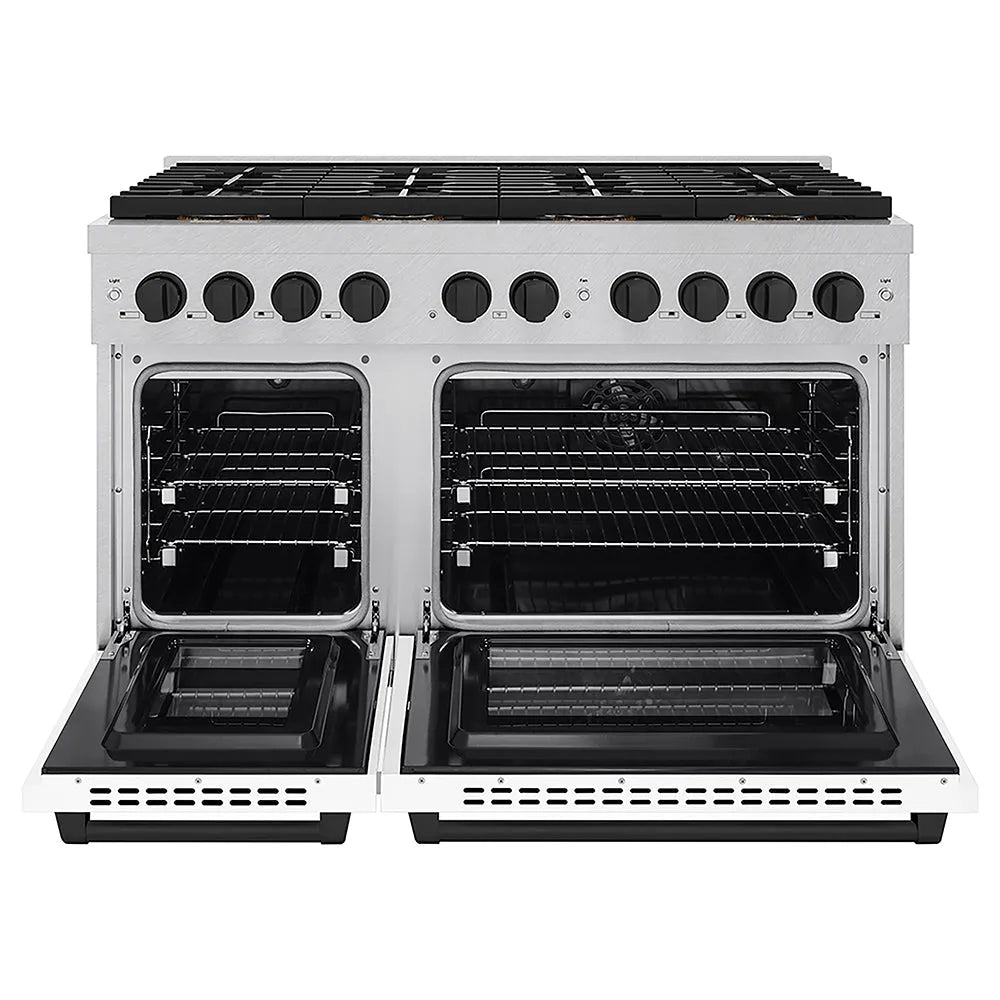 ZLINE Autograph Edition Paramount 48-inch range in satin stainless steel with white matte door and matte black accents PSDRSZ-WM-48-MB, front view