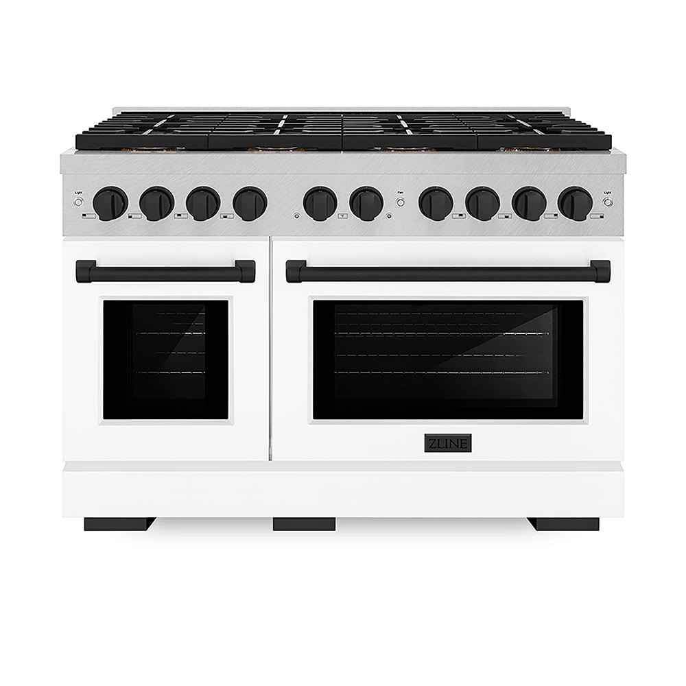 ZLINE Autograph Edition Paramount 48-inch range in satin stainless steel with white matte door and matte black accents PSDRSZ-WM-48-MB, front view