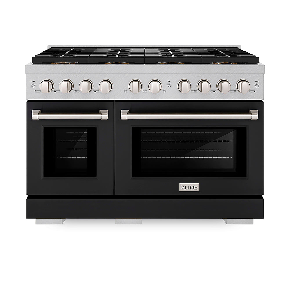 ZLINE Paramount 48-inch range in satin stainless steel with black matte door PSDRS-BLM-48, front view