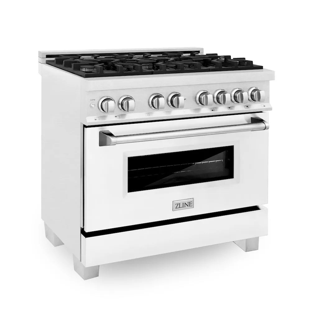 ZLINE Legacy 36-inch range in satin stainless steel with white matte door RAS-WM-36