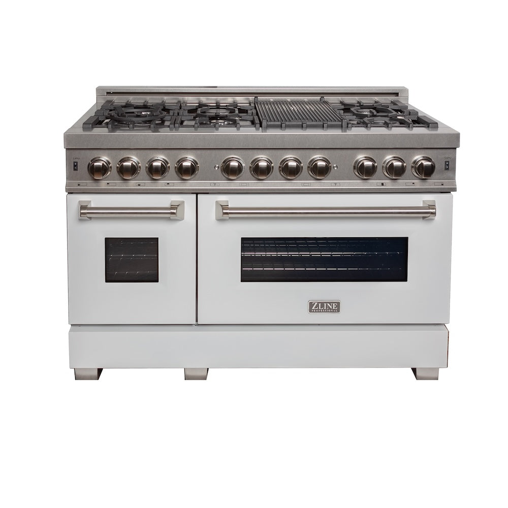 ZLINE Legacy 48-inch range in satin stainless steel with white matte door RAS-WM-48, front view
