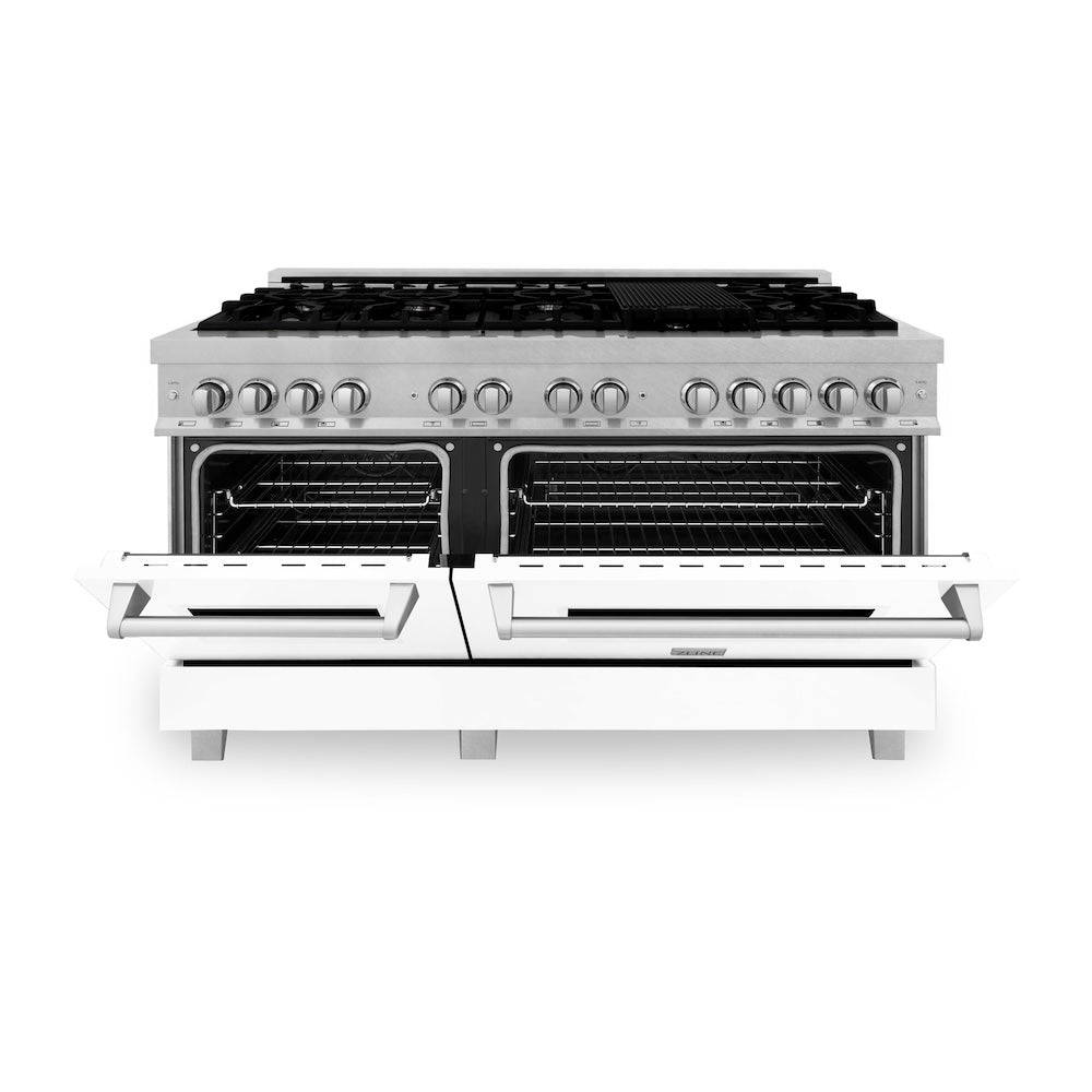 ZLINE Legacy 60-inch range in satin stainless steel with white matte door RAS-WM-60, front view