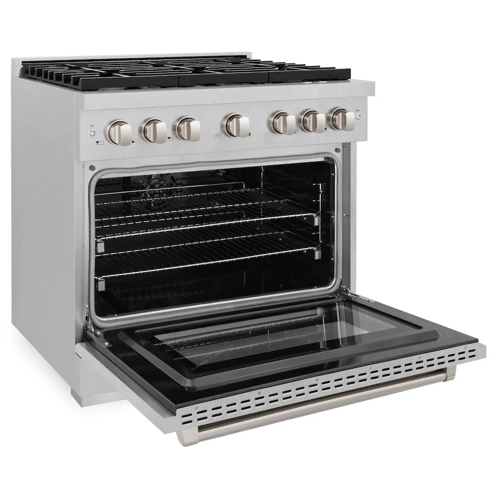 ZLINE Paramount 36-inch range in satin stainless steel SGRS-BR-36, door open