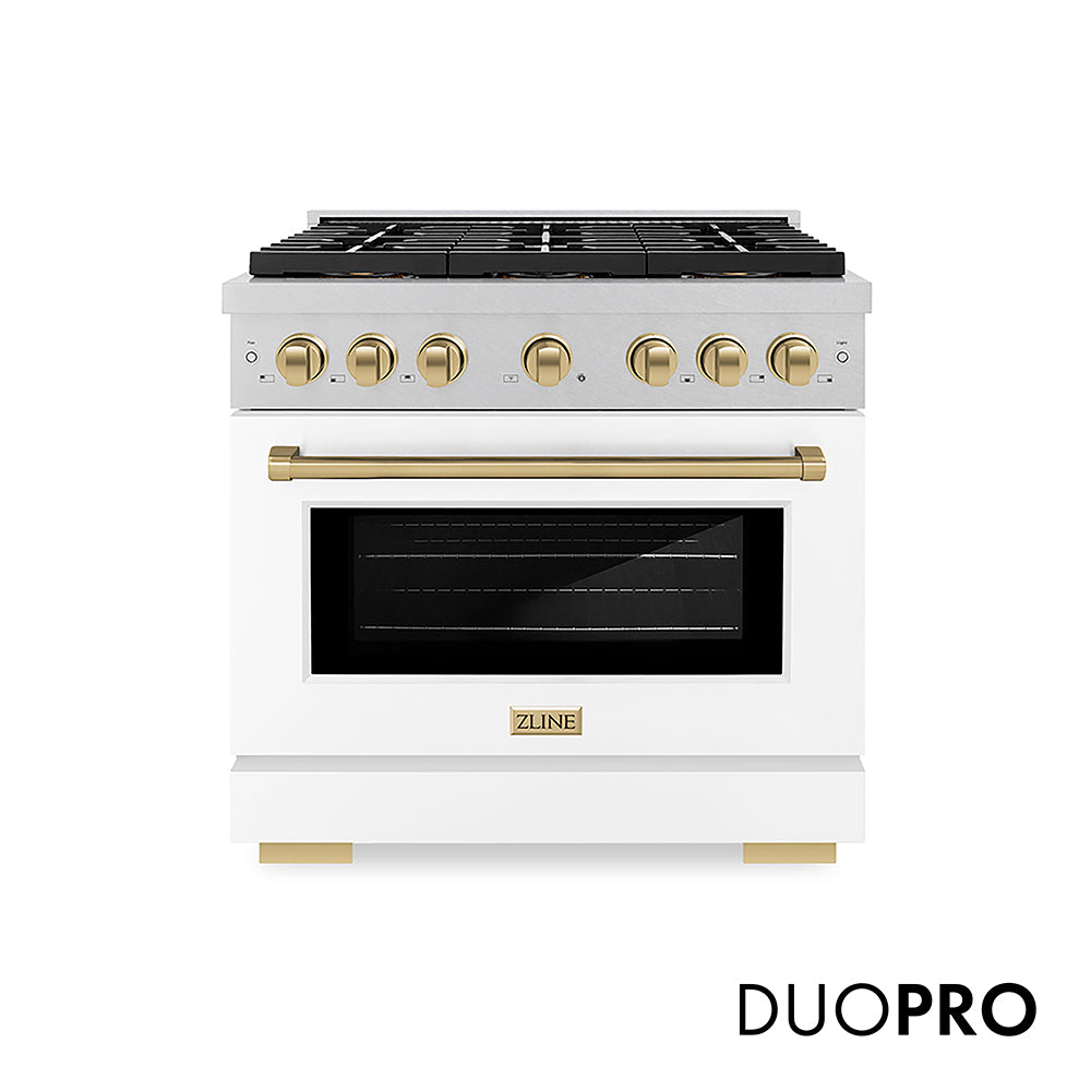 ZLINE Autograph Edition Paramount 36-inch range in satin stainless steel with white matte door and champagne bronze accents PSDRSZ-WM-36-CB