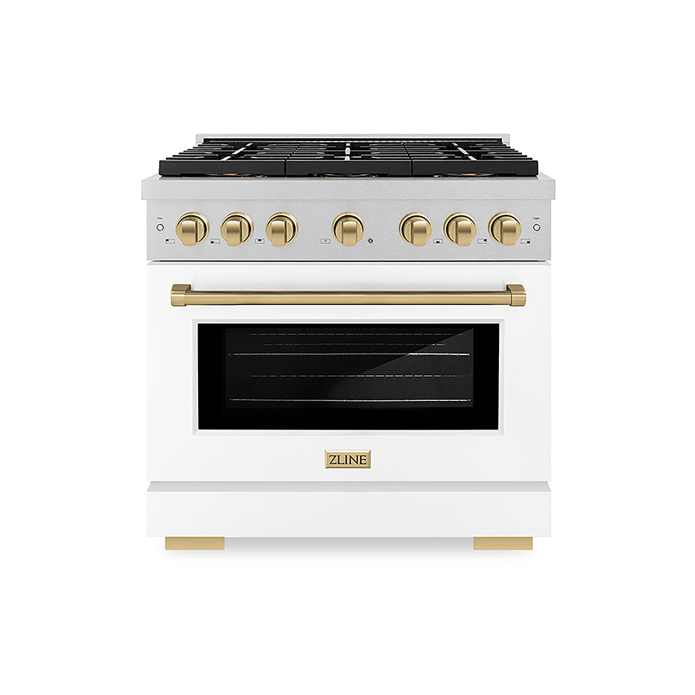 ZLINE Autograph Edition Paramount 36-inch range in satin stainless steel with white matte door and champagne bronze accents PSDRSZ-WM-36-CB, front view