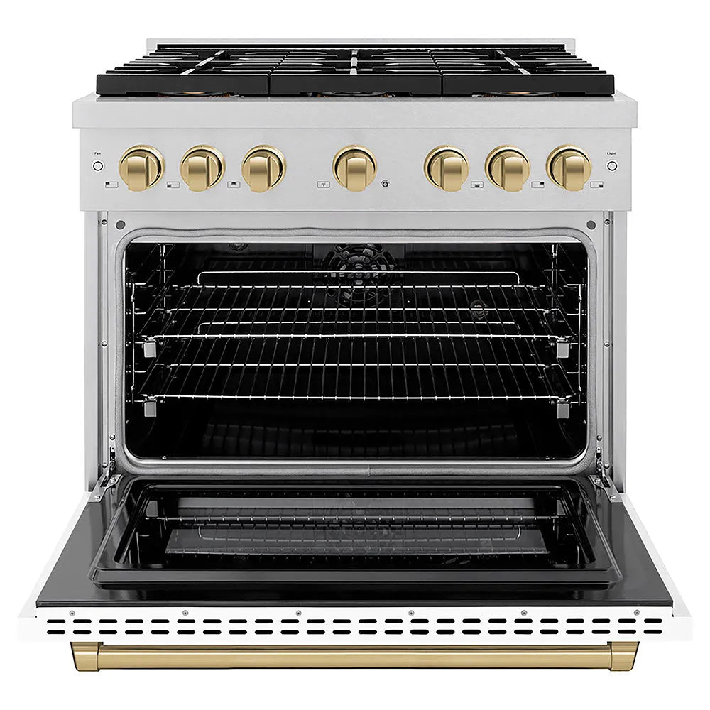 ZLINE Autograph Edition Paramount 36-inch range in satin stainless steel with white matte door and champagne bronze accents PSDRSZ-WM-36-CB, front view