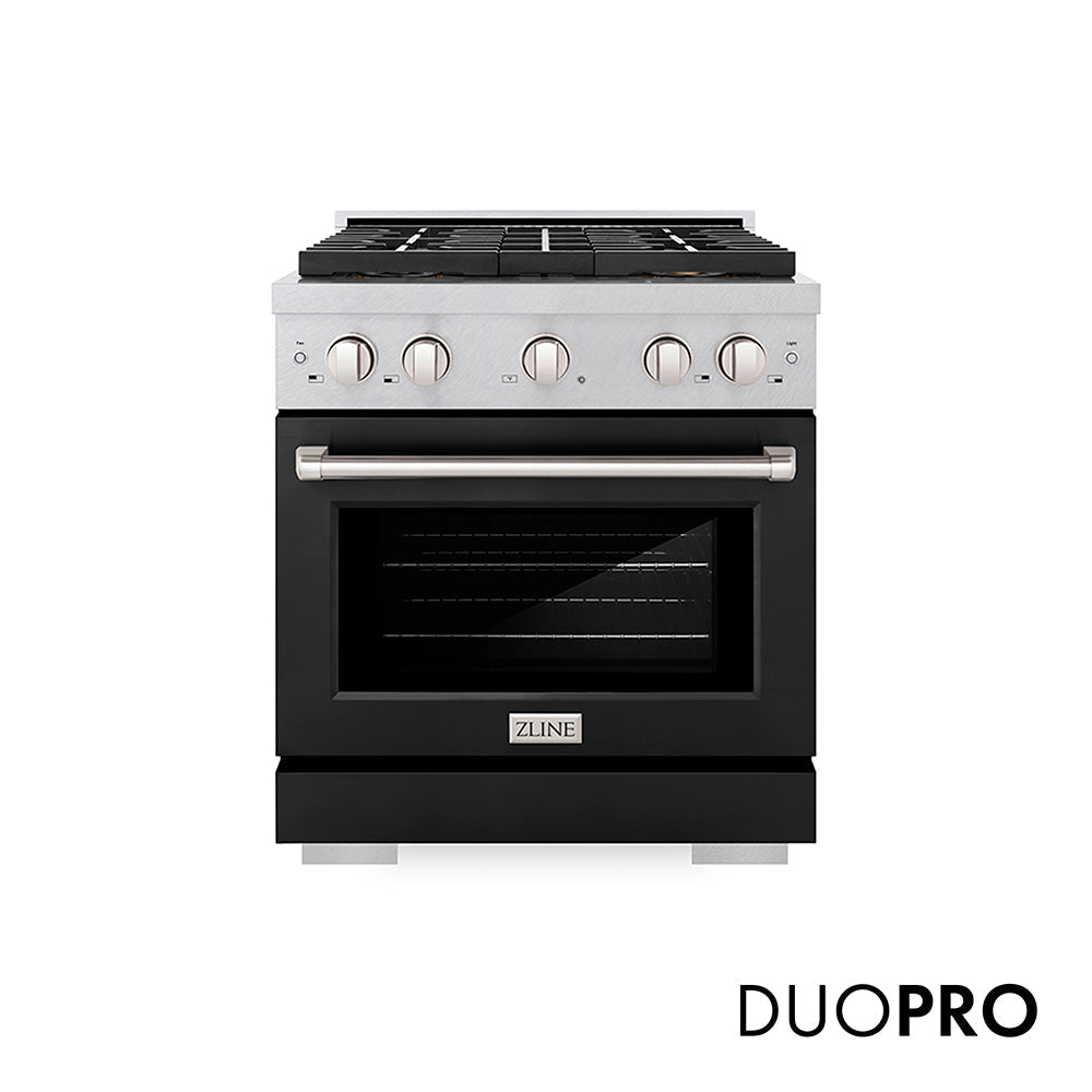 ZLINE Paramount 30-inch range in satin stainless steel with black matte door PSGRS-BLM-30
