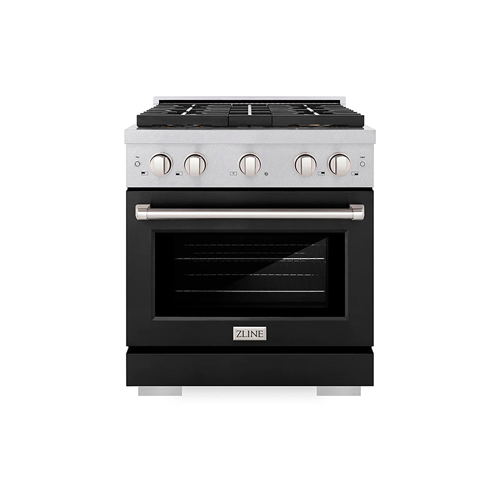 ZLINE Paramount 30-inch range in satin stainless steel with black matte door PSGRS-BLM-30, front view