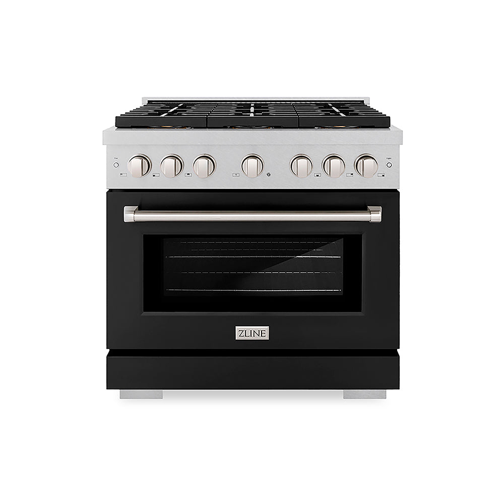 ZLINE Paramount 36-inch range in satin stainless steel with black matte door PSGRS-BLM-36, front view