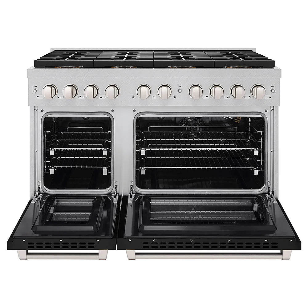 ZLINE Paramount 48-inch range in satin stainless steel with black matte door PSGRS-BLM-48, front view