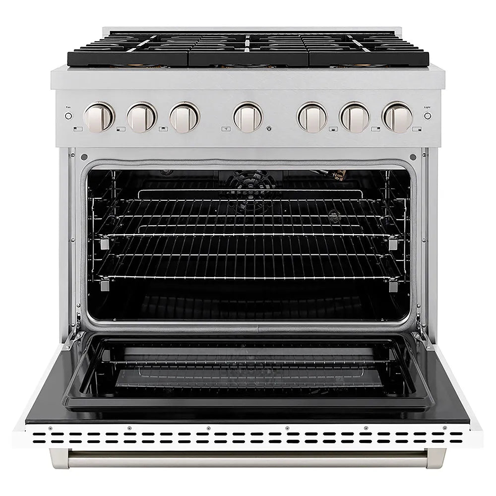 ZLINE Paramount 36-inch range in satin stainless steel with white matte door PSGRS-WM-36, front view